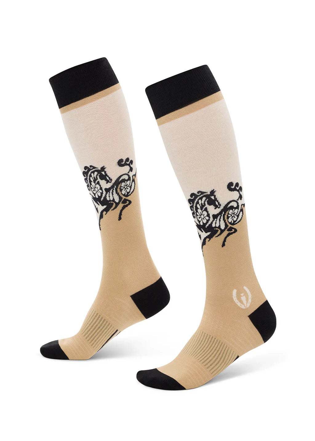 Left and right side views of a pair of Kerrits Frolic Horse Knee-Hi Socks in the color Tan
