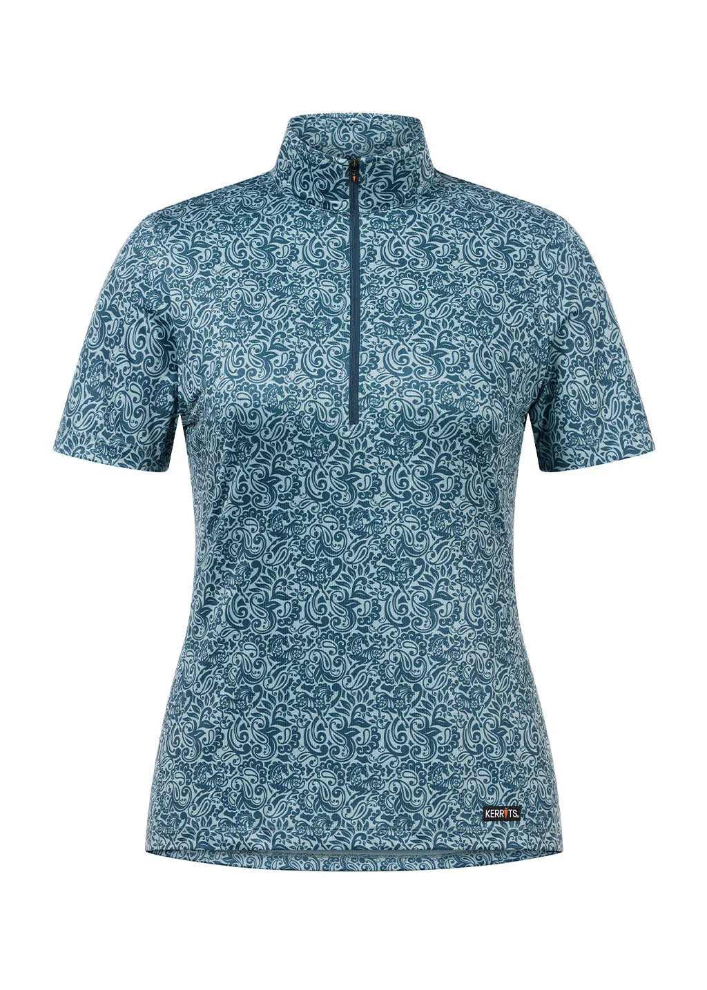 Blue short sleeve riding shirt with quarter zip shown front view on a white background
