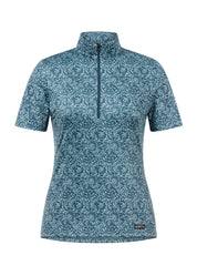 Blue short sleeve riding shirt with quarter zip shown front view on a white background