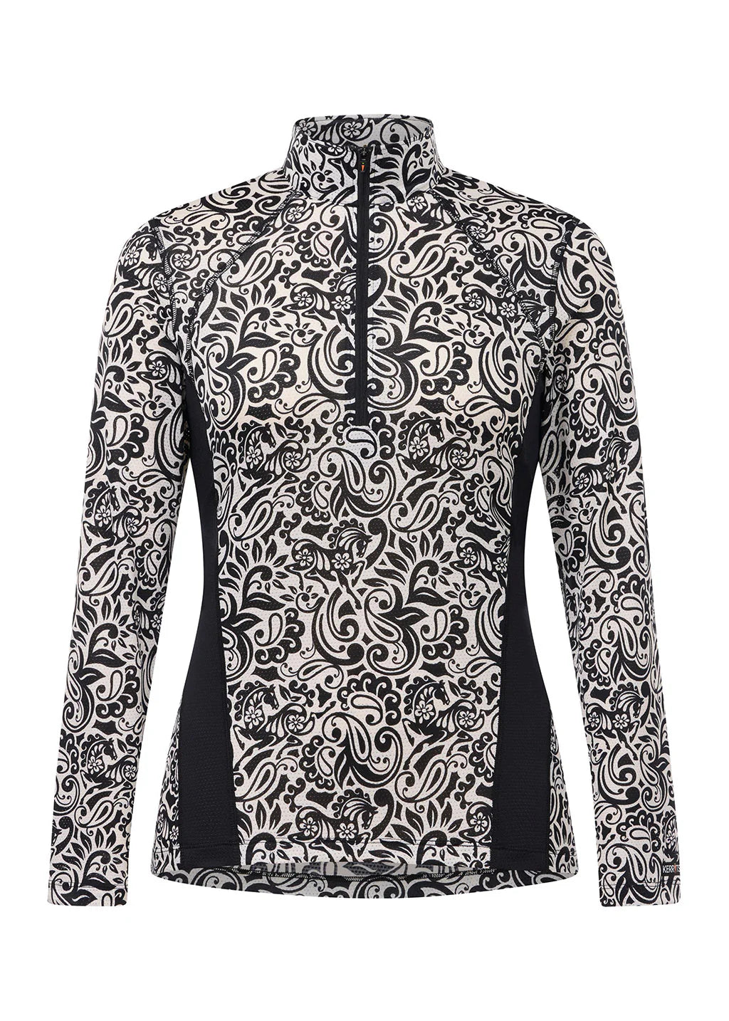 Long sleeve riding shirt with black and white pattern shown front view on a white background