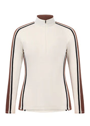 Long sleeve riding shirt in light beige with contrasting stripe detail down the sleeves shown on a white background
