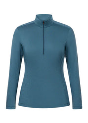 Teal long sleeve riding shirt with quarter zip shown front view on a white background