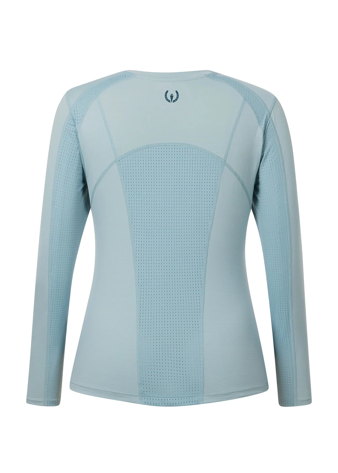 Back view of the light blue Kerrits Precision Long Sleeve Crew Neck Tech Top on a white background