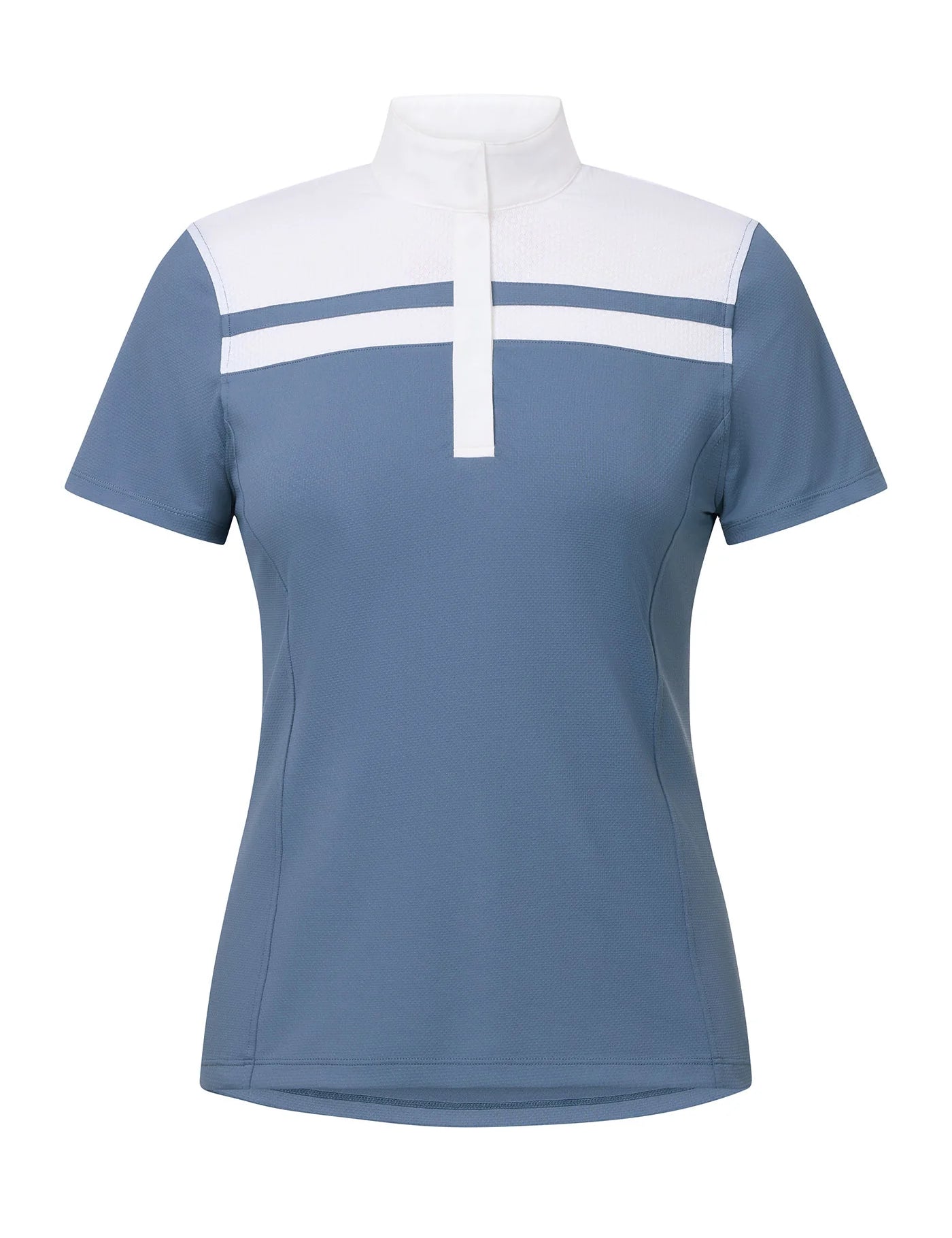 Light blue short sleeve riding shirt with white stripe detail shown front view on a white background