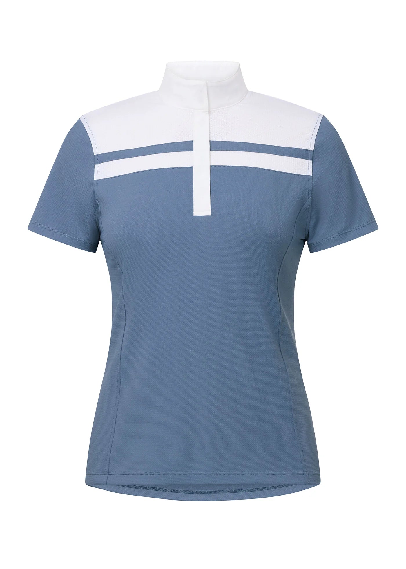 Light blue short sleeve riding shirt with white stripe detail shown front view on a white background