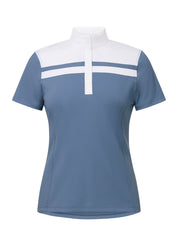 Light blue short sleeve riding shirt with white stripe detail shown front view on a white background