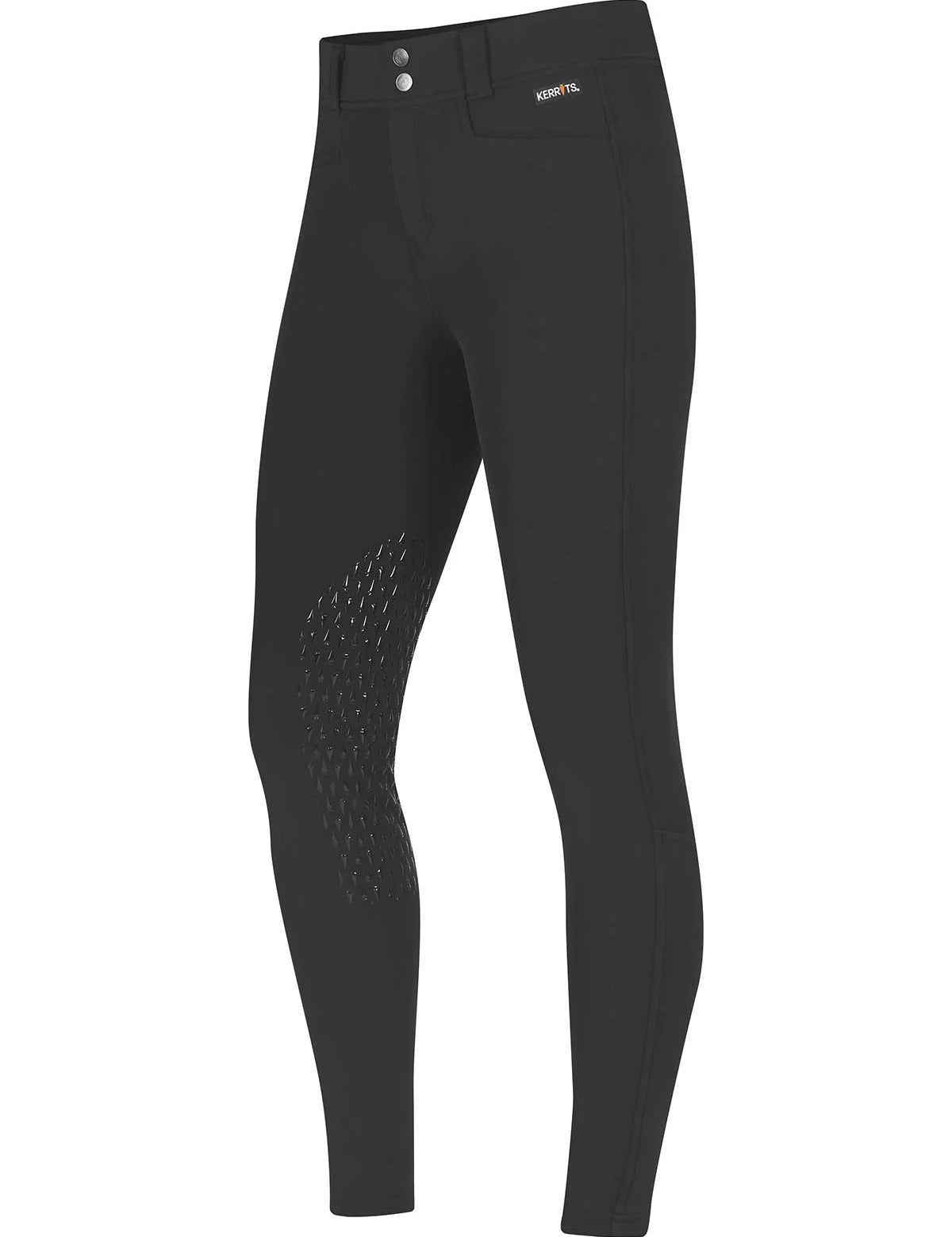 Angled front view of the black Kerrits 3-Season Tailored Knee Patch Breech on a white background