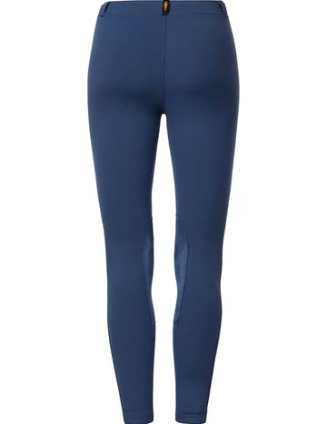 Blue riding tights shown rear view on a white background