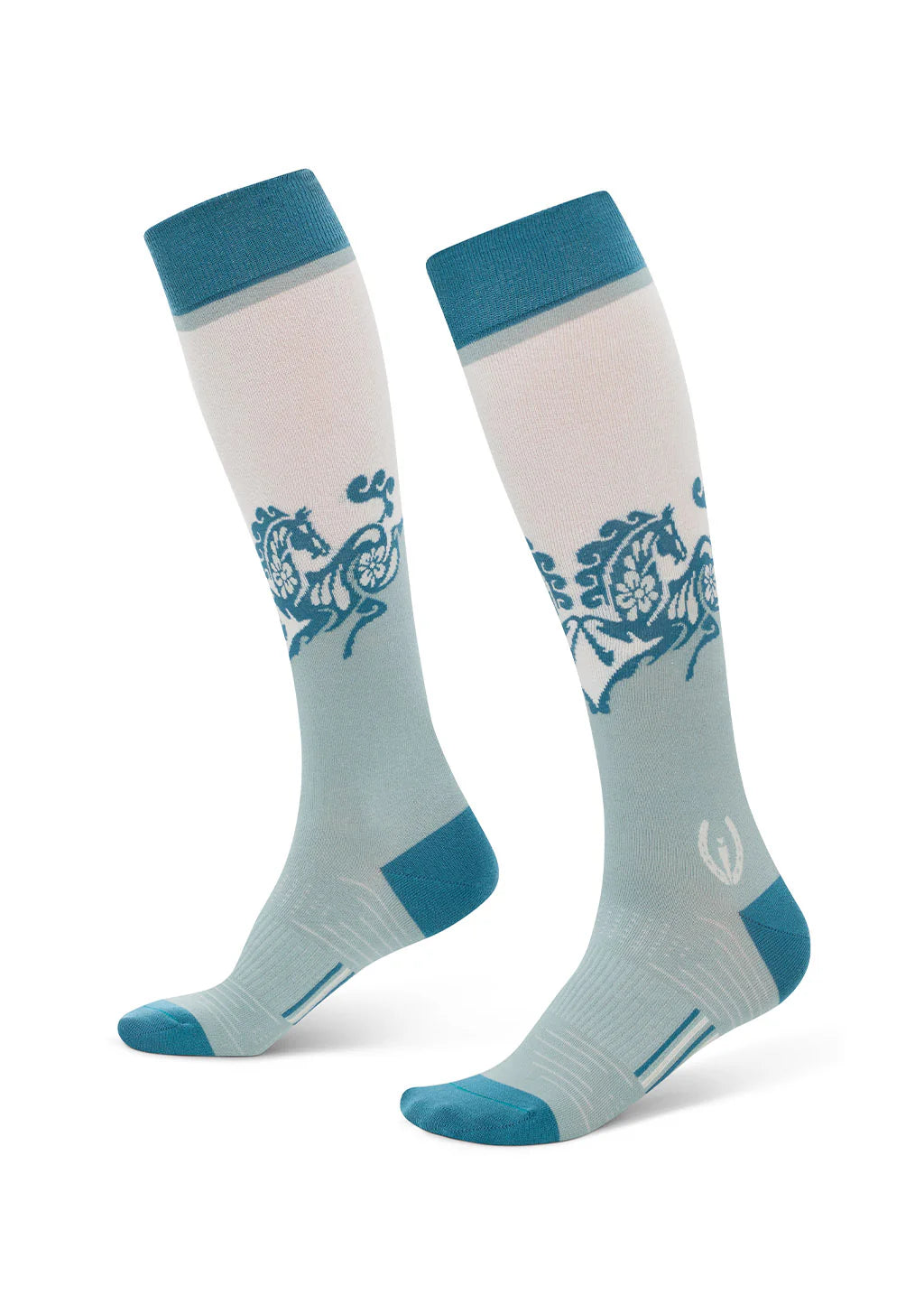 Left and right side views of a pair of Kerrits Frolic Horse Knee-Hi Socks in the color Shoreline