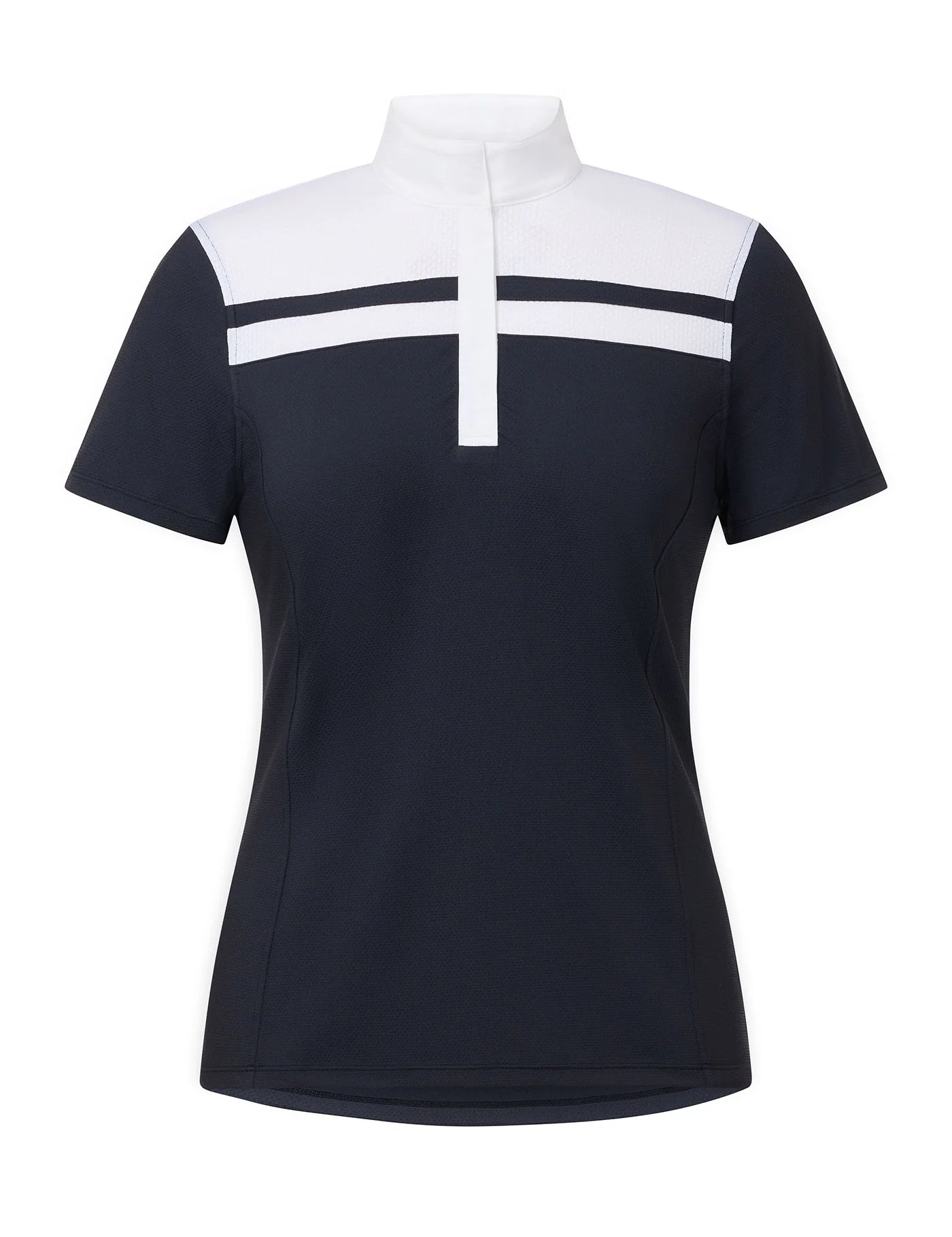 Black short sleeve riding shirt with white chest stripe detail shown front view on a white background