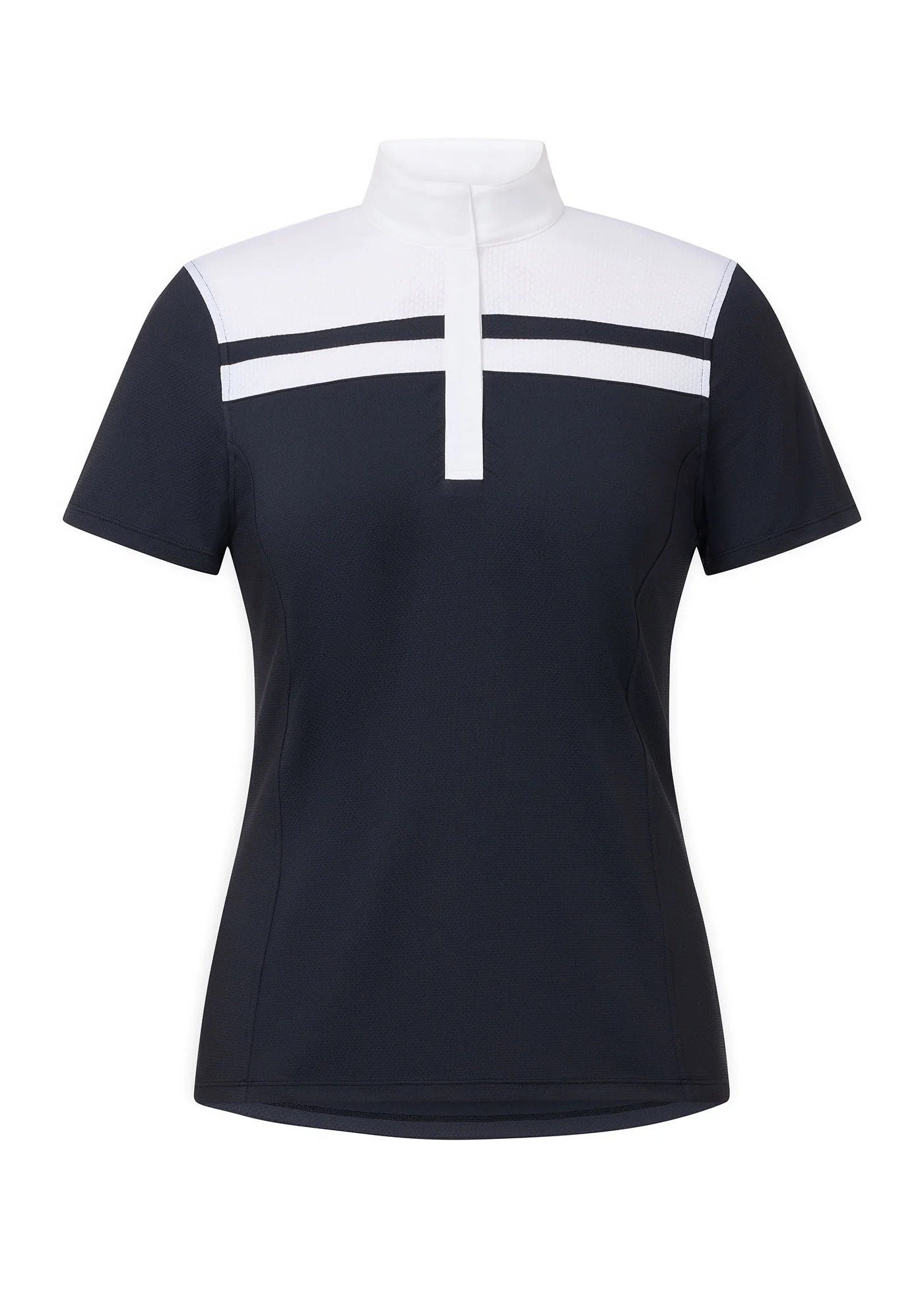 Black short sleeve riding shirt with white chest stripe detail shown front view on a white background