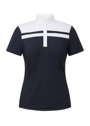 Black short sleeve riding shirt with white chest stripe detail shown front view on a white background