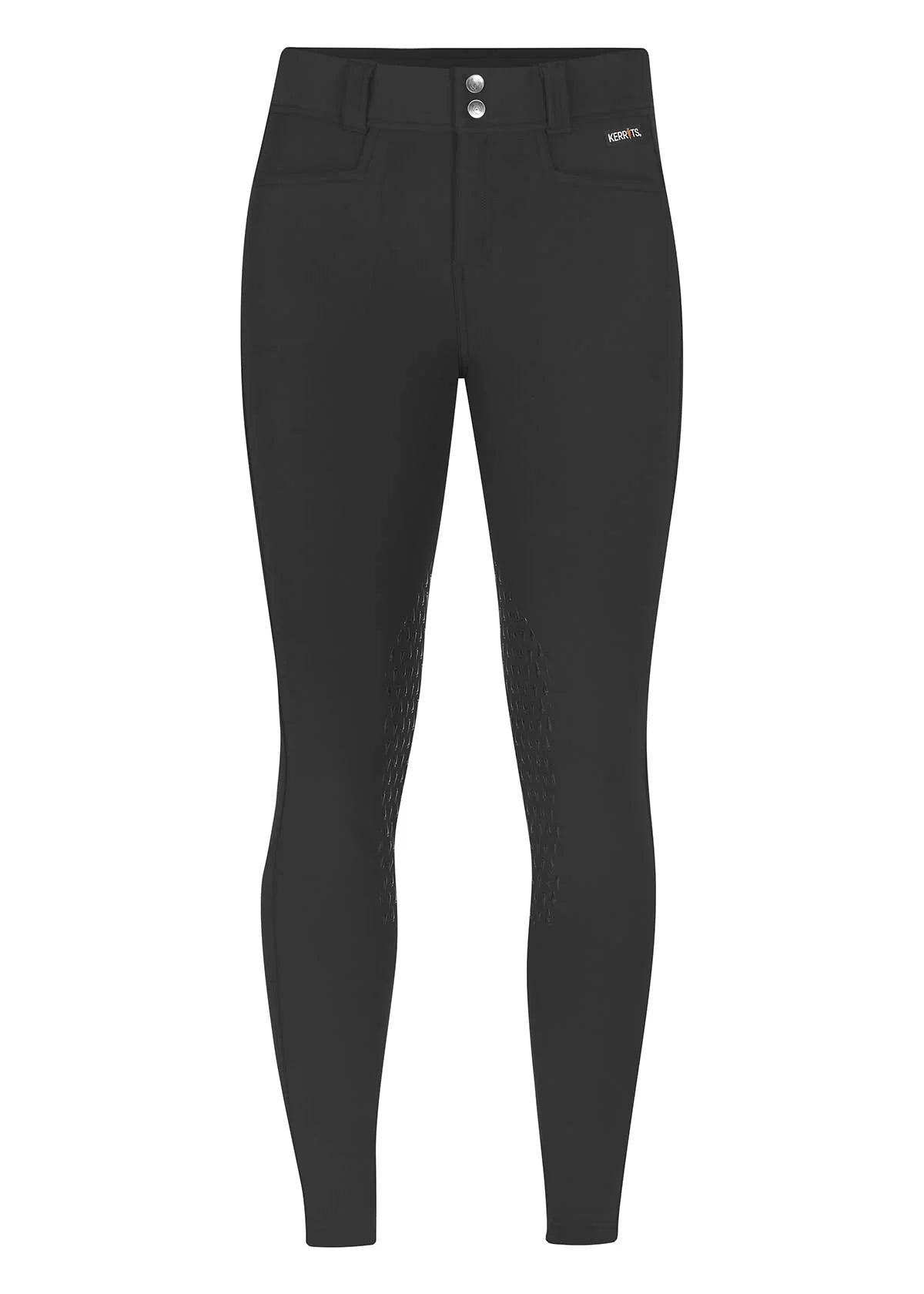Front view of the black Kerrits 3-Season Tailored Knee Patch Breech on a white background