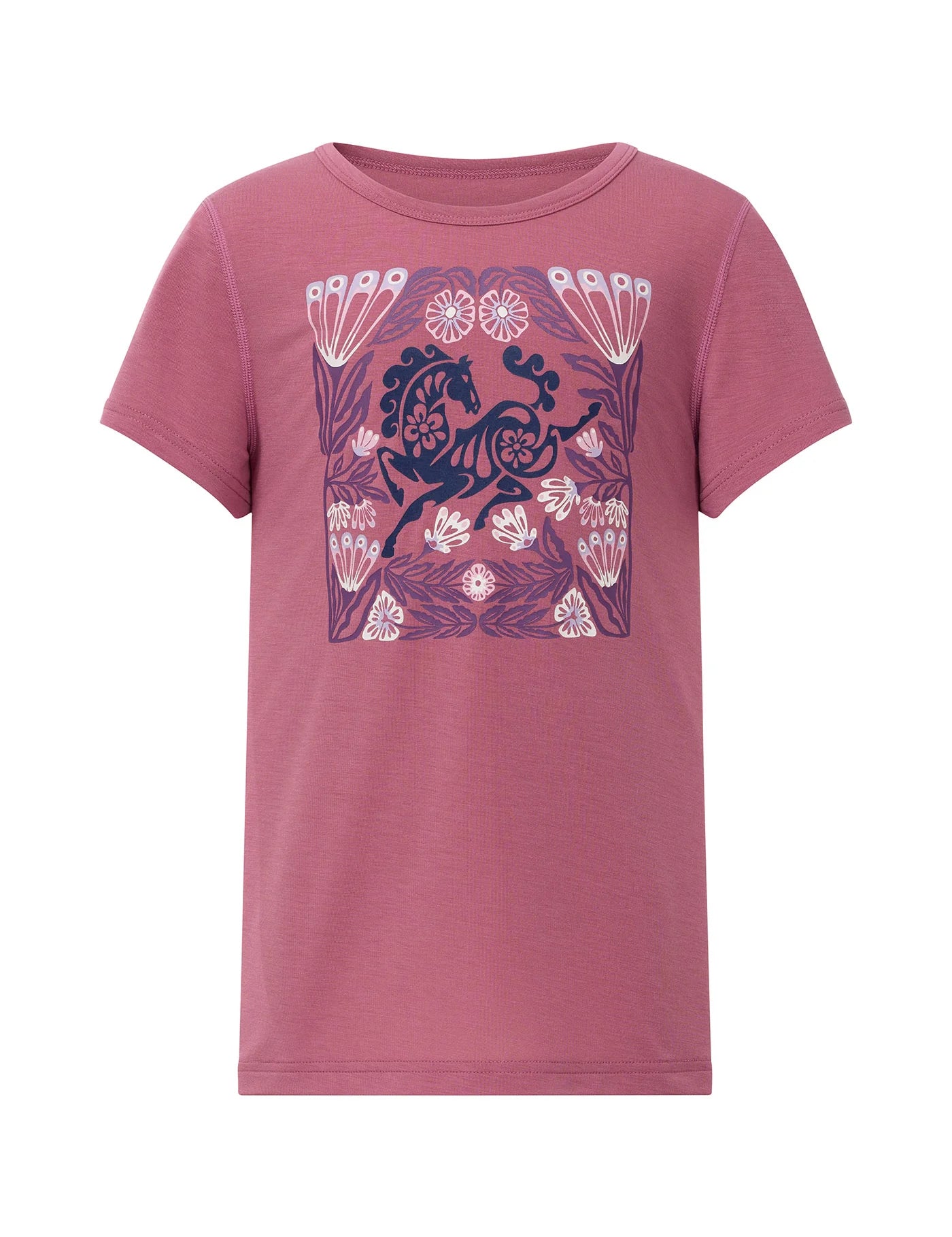 Front view of the pink Kerrits Kids Frolic Horse Tee on a white background