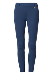 Blue riding tights shown front view on a white background