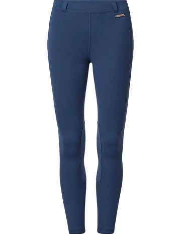 Blue riding tights shown front view on a white background