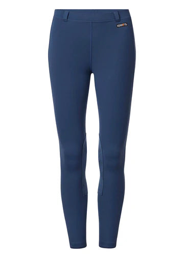 Blue riding tights shown front view on a white background