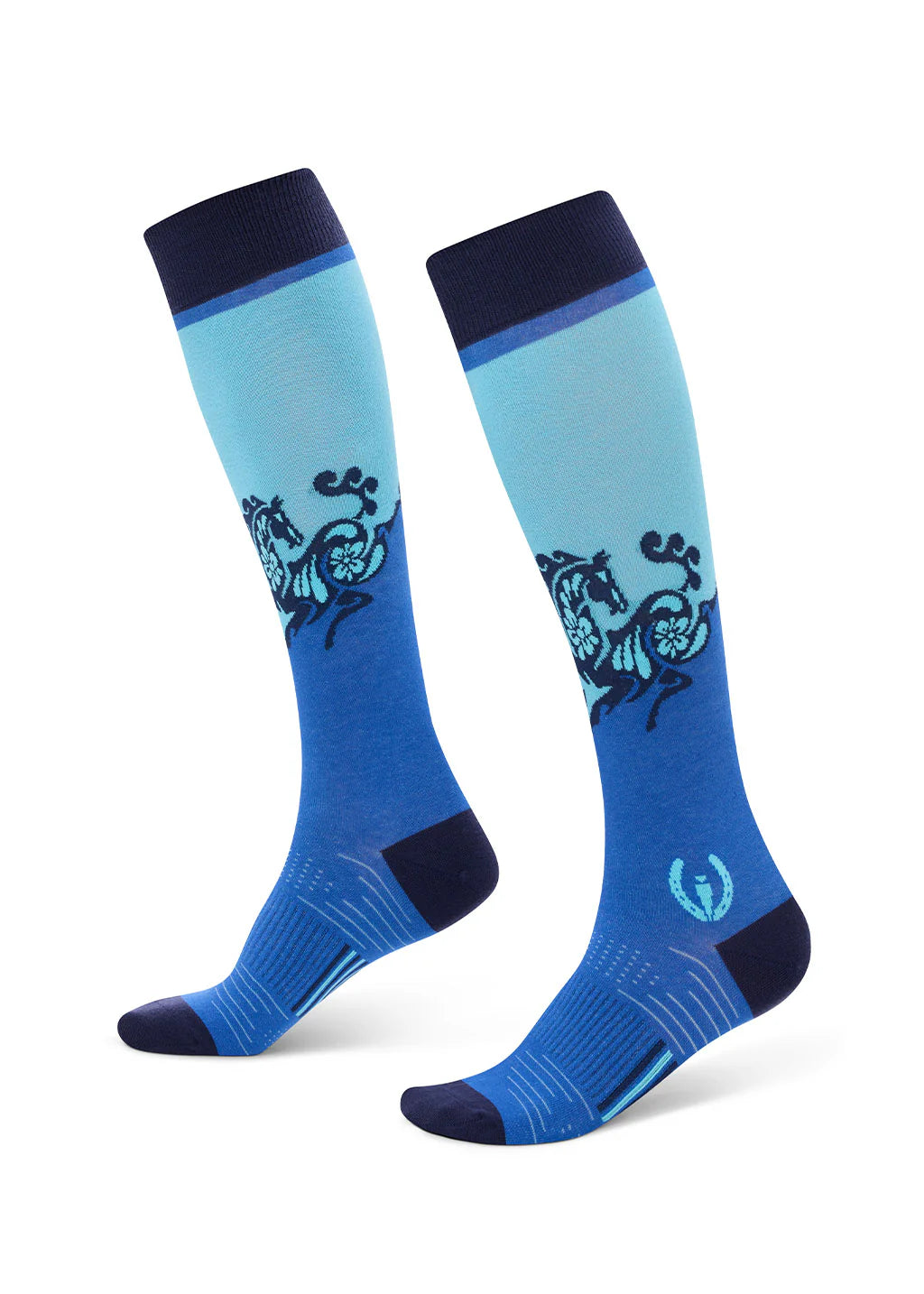 Left and right side views of a pair of Kerrits Frolic Horse Knee-Hi Socks in the color Blue Ribbon