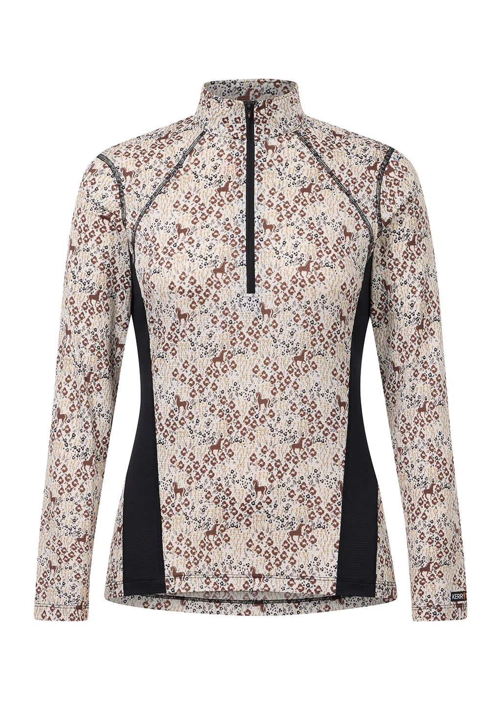 Long sleeve riding shirt with small equestrian print shown front view on a white background