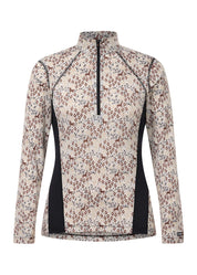 Long sleeve riding shirt with small equestrian print shown front view on a white background