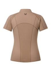 Tan short sleeve riding top shown rear view on a white background