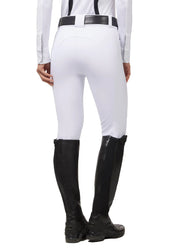 Back view of a model wearing the white Kerrits Affinity Pro Knee Patch Breech on a white background
