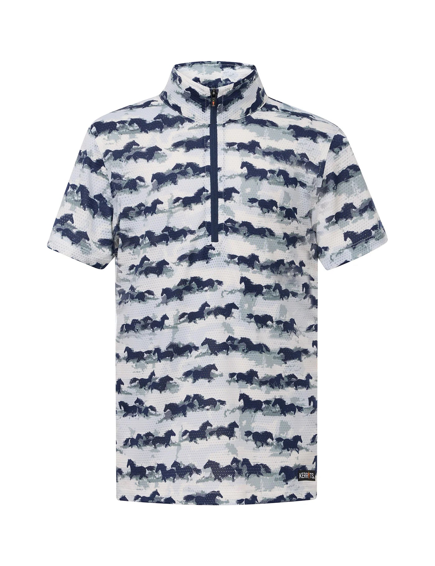 Front view of the Kerrits Kids EquiBreeze Ice Fil Short Sleeve Print Shirt in the color Mist Brushstrokes