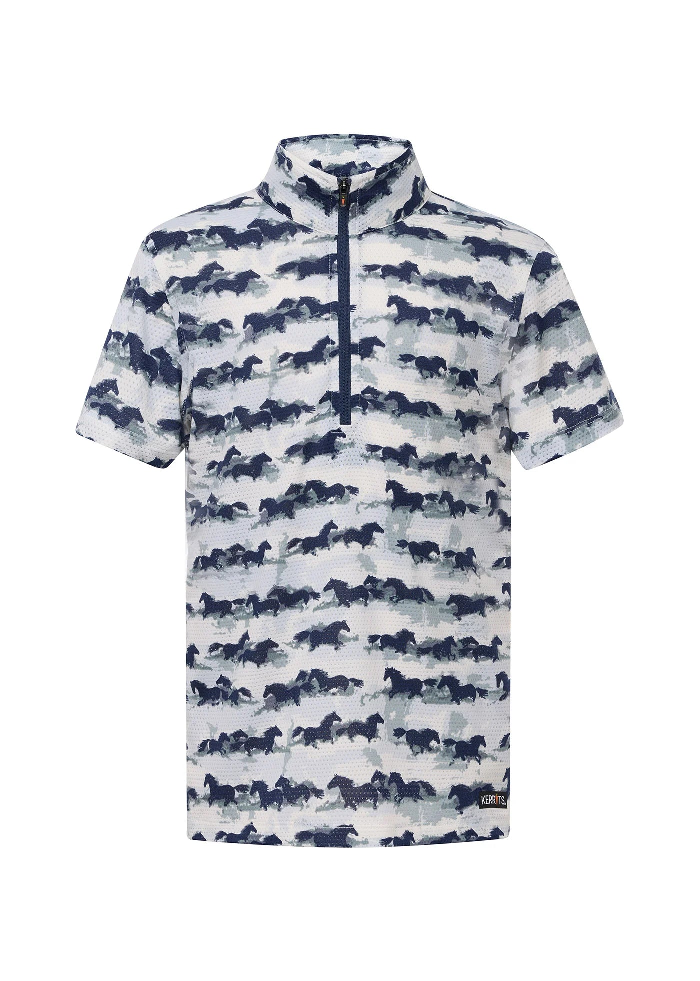 Front view of the Kerrits Kids EquiBreeze Ice Fil Short Sleeve Print Shirt in the color Mist Brushstrokes