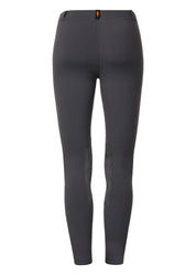 Dark gray riding tights shown rear view on a white background