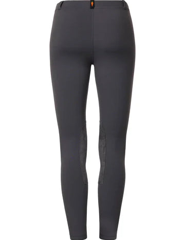 Dark gray riding tights shown rear view on a white background