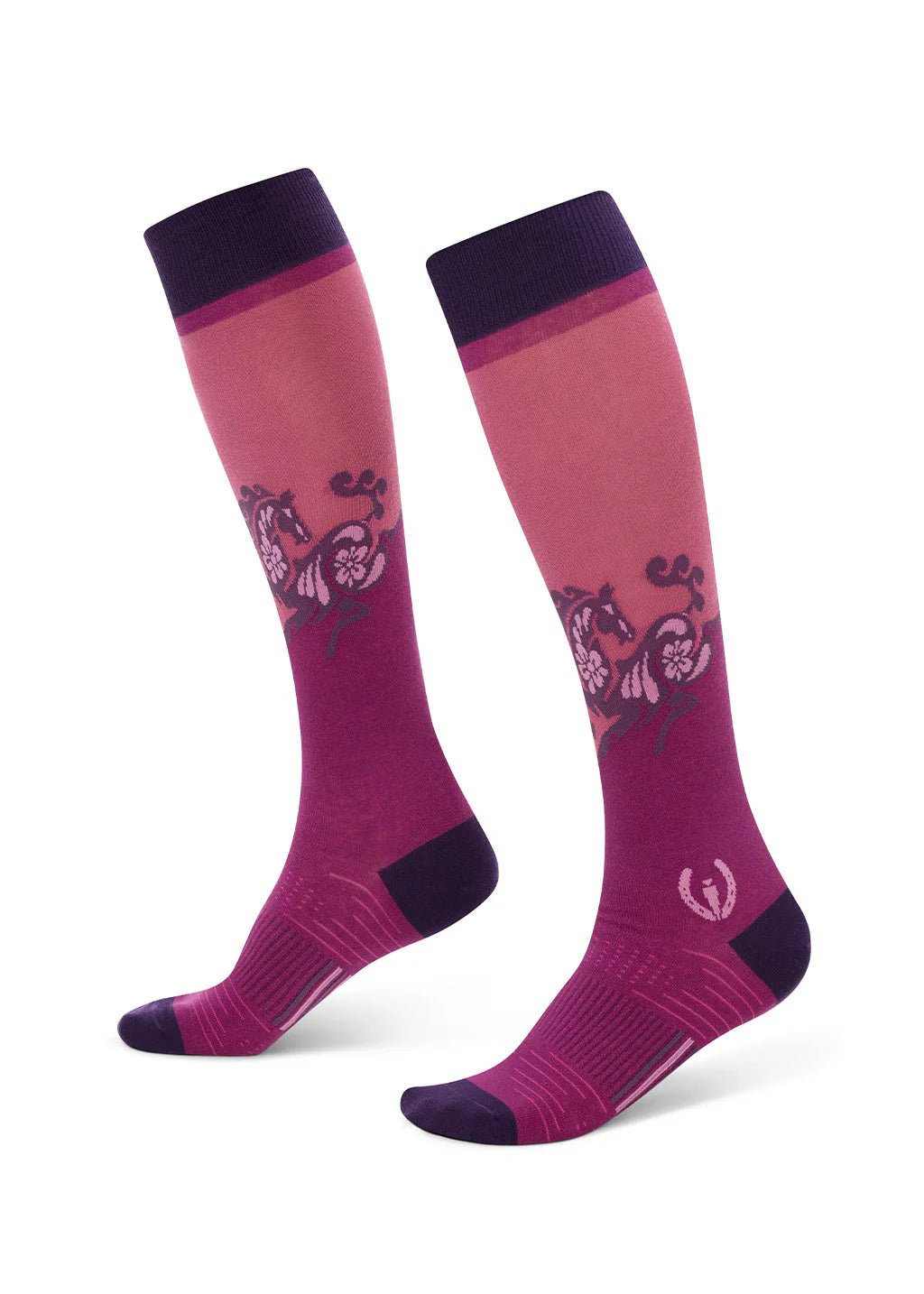 Left and right side views of a pair of Kerrits Frolic Horse Knee-Hi Socks in the color Berry Blast