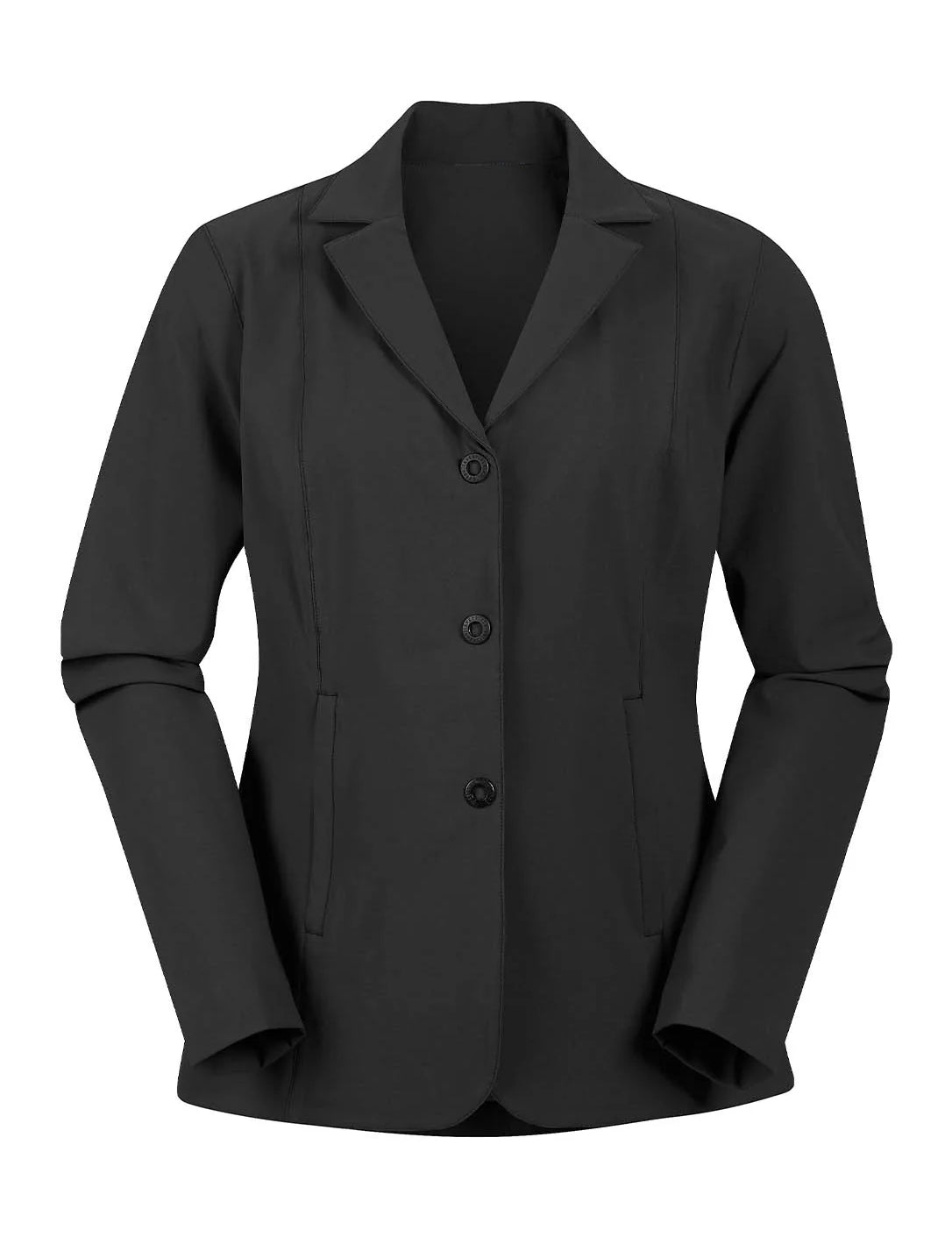 Front view of the black Kerrits Stretch Competitor Koat 3 Snap on a white background