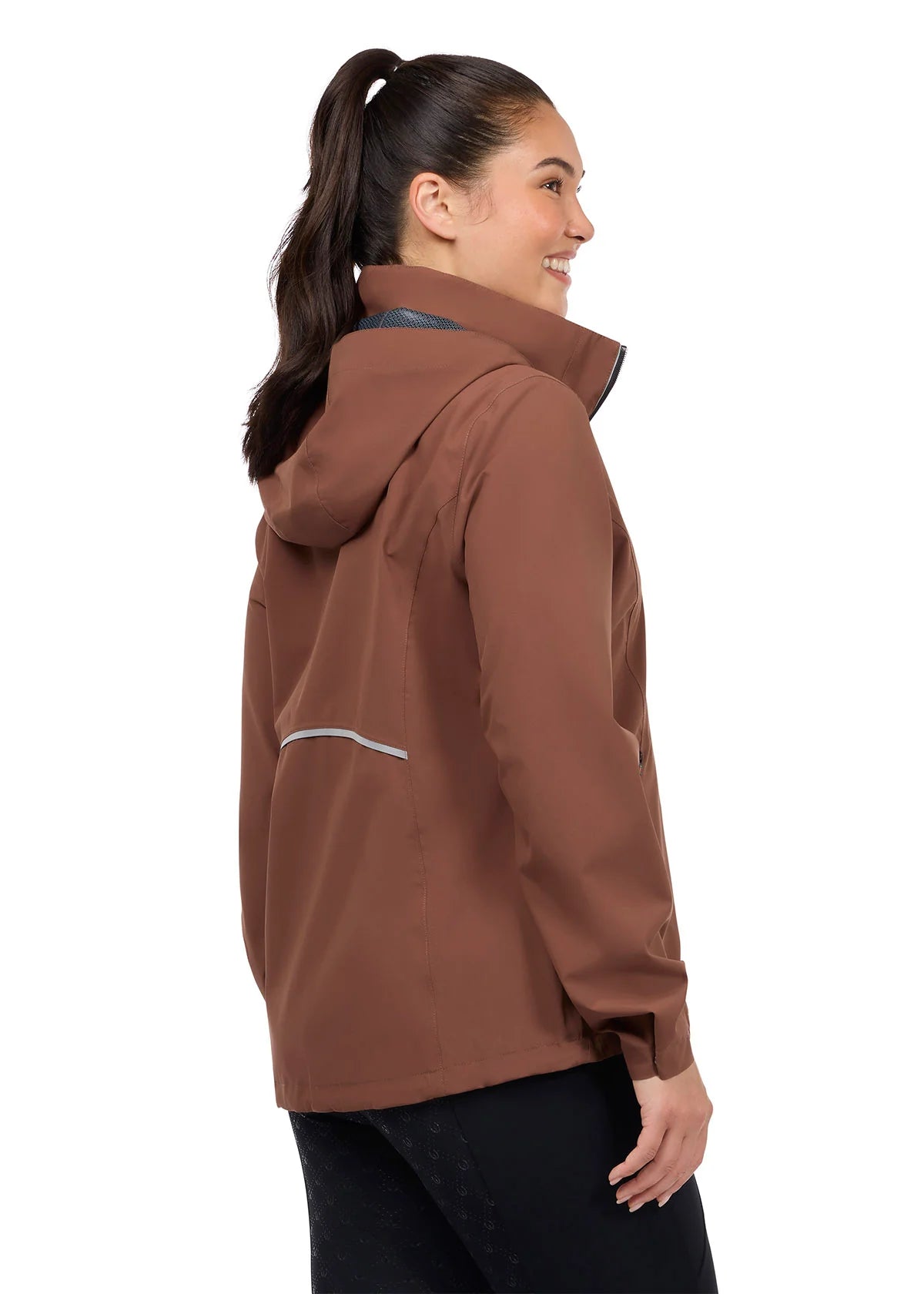 Woman wearing a brown waterproof jacket, rear view