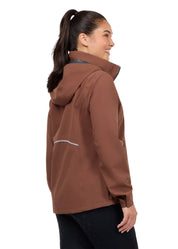 Woman wearing a brown waterproof jacket, rear view