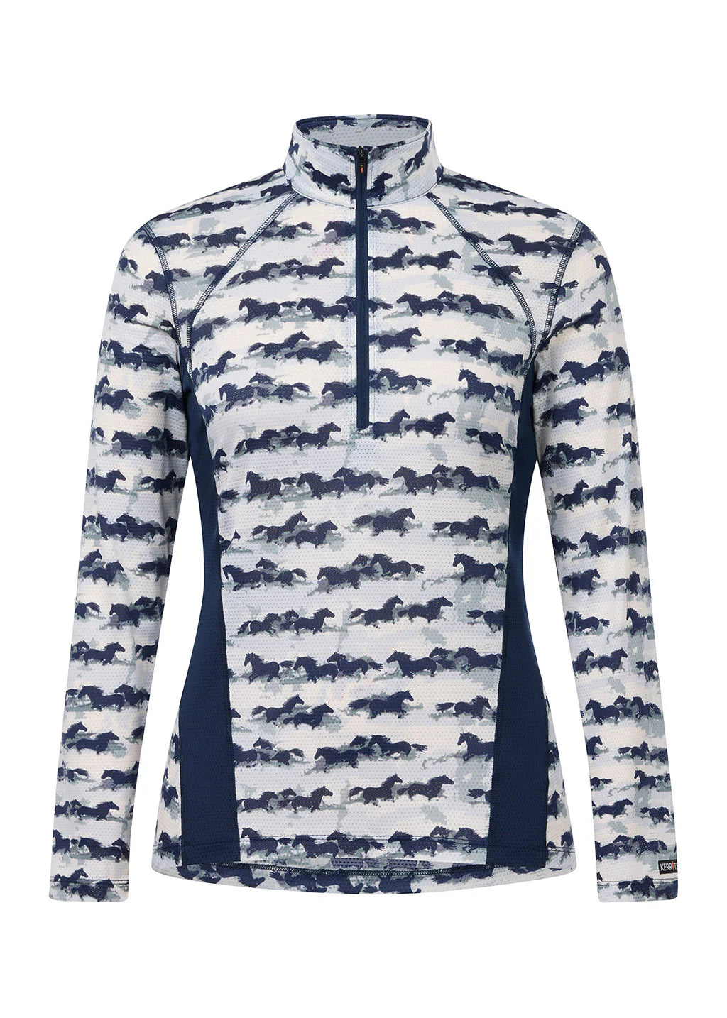 Long sleeve riding shirt with horse print and quarter zip shown front view on a white background