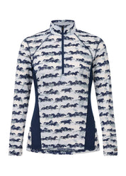 Long sleeve riding shirt with horse print and quarter zip shown front view on a white background