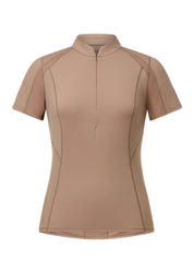 Tan short sleeve quarter zip riding top shown front view on a white background