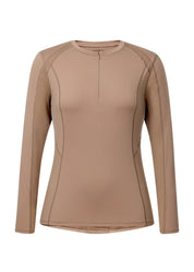 Tan long sleeve crew neck riding top shown front view on a white background