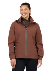 Woman wearing a brown waterproof jacket, front view