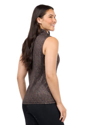 Woman wearing a brown sleeveless riding shirt, rear view