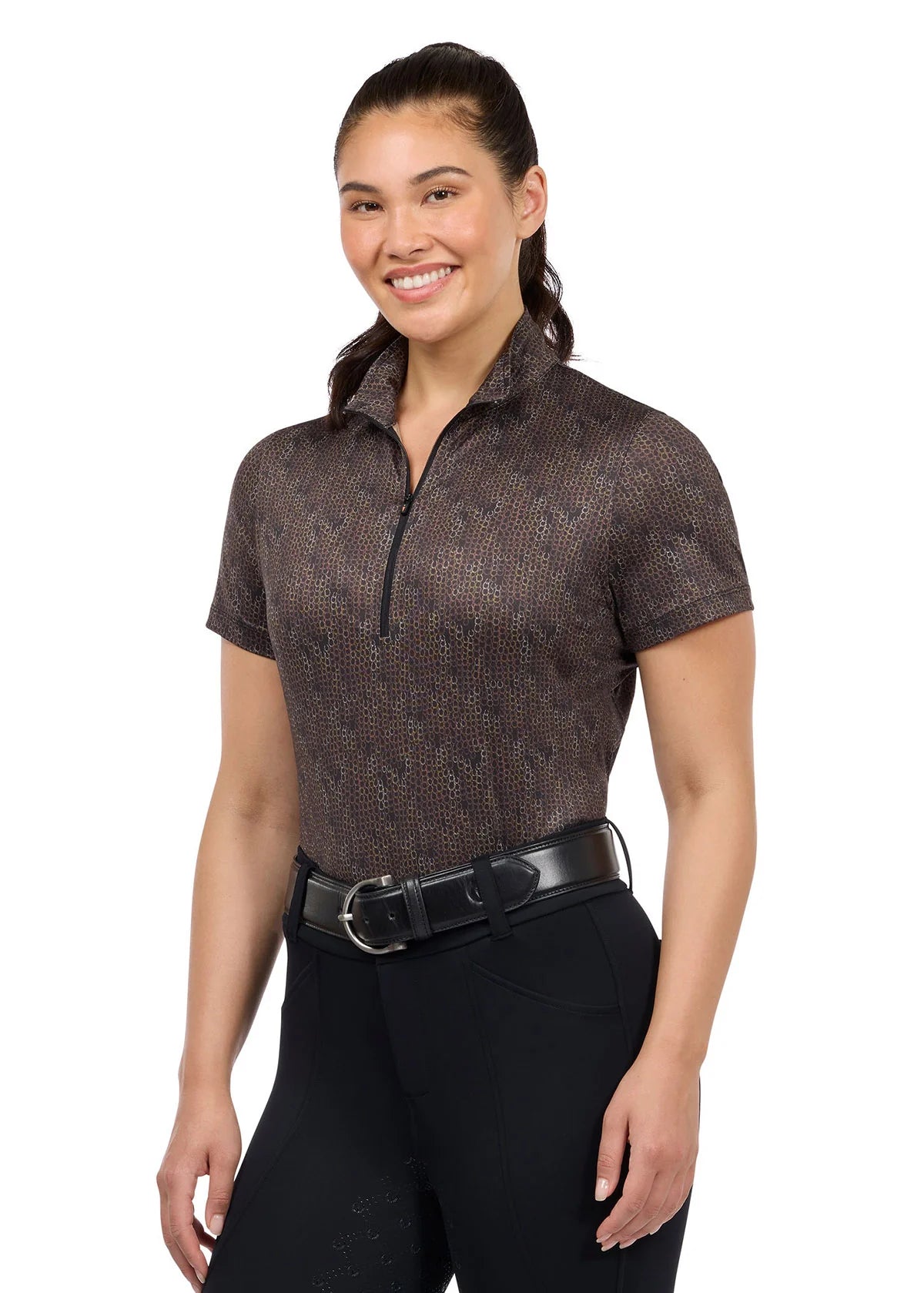 Woman wearing a brown short sleeve riding shirt, front view