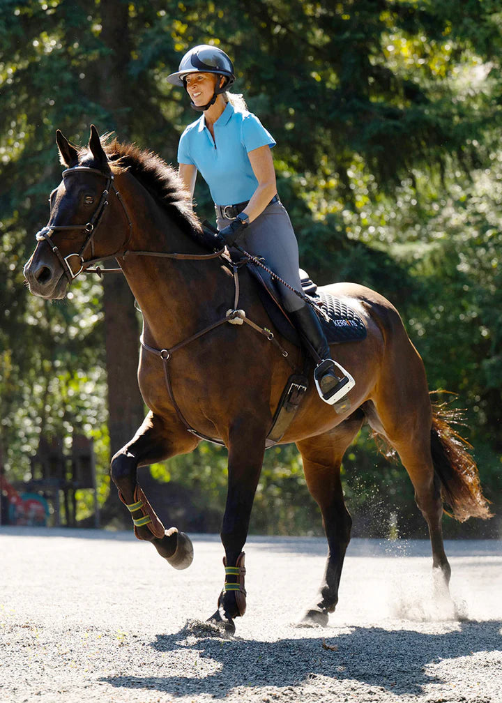 Rider wearing a bright blue polo shirt riding a horse in an arena