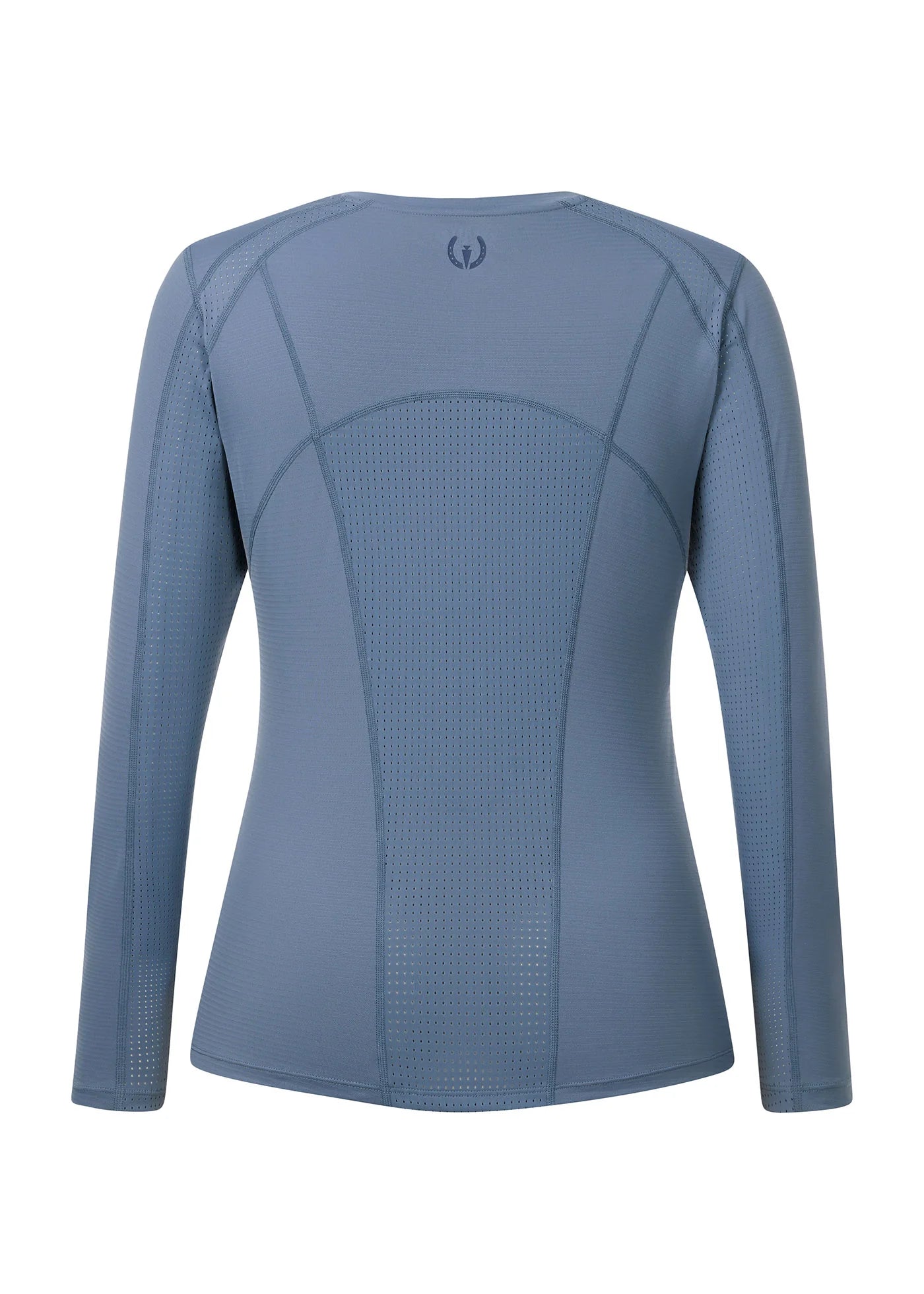 Blue long sleeve riding top shown rear view on a white background