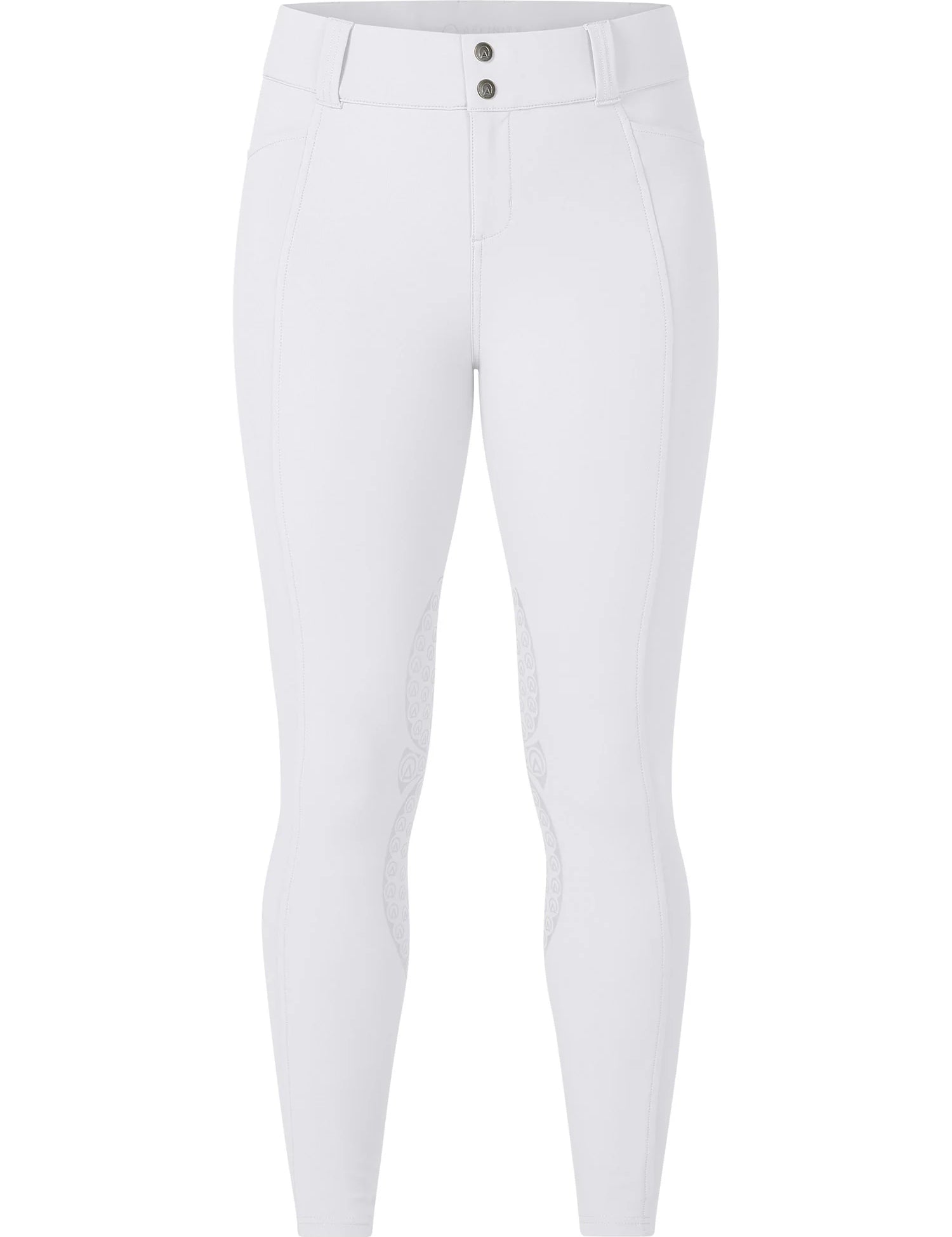 Front view of the white Kerrits Affinity Pro Knee Patch Breech on a white background