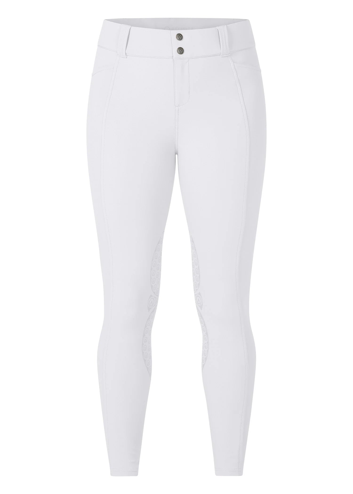 Front view of the white Kerrits Affinity Pro Knee Patch Breech on a white background