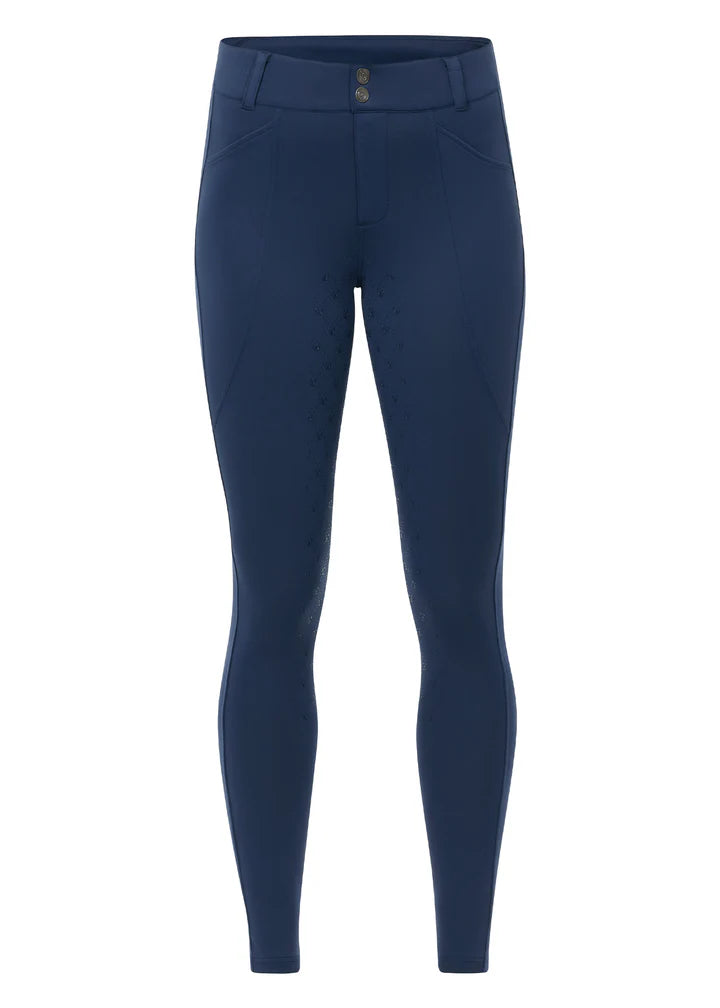 Blue full seat riding breeches shown front view on a white background