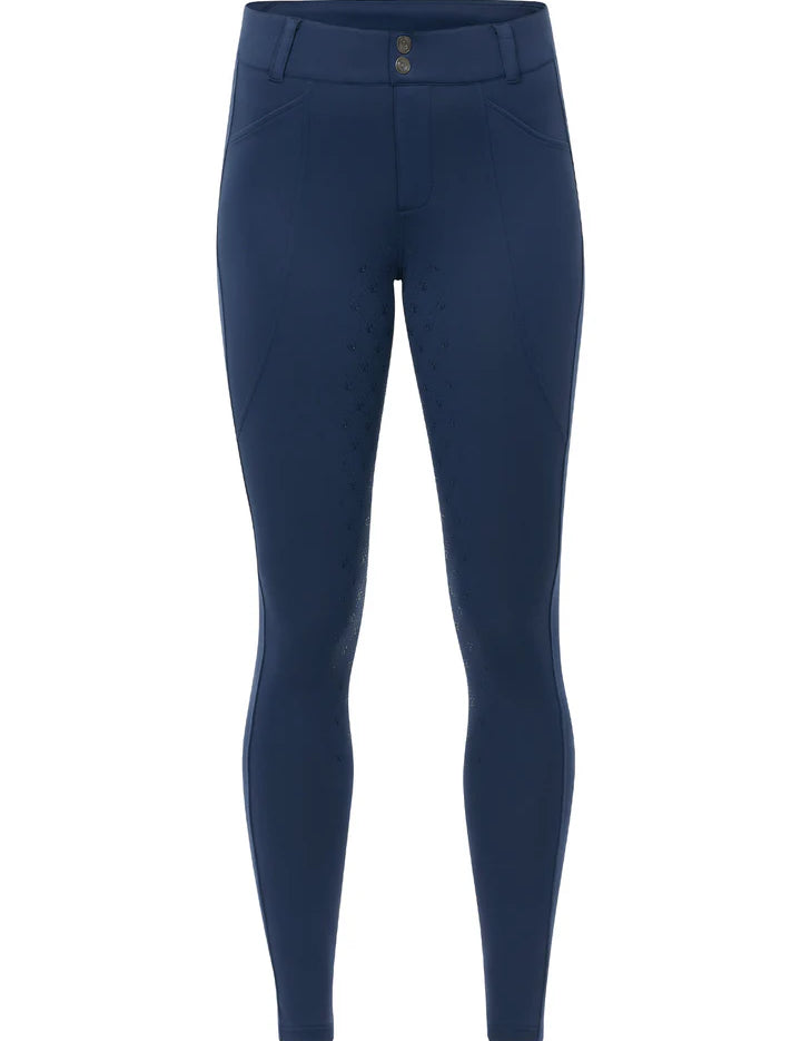 Blue full seat riding breeches shown front view on a white background