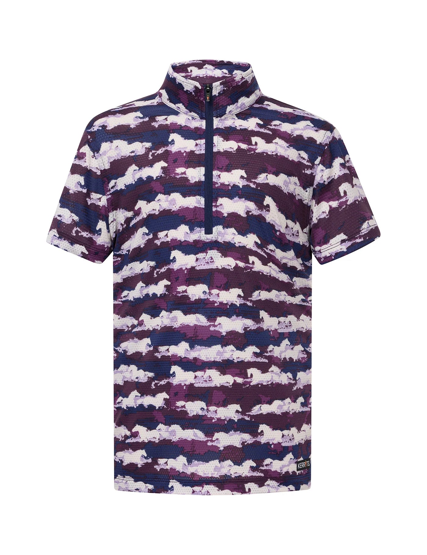 Front view of the purple Kerrits Kids EquiBreeze Ice Fil Short Sleeve Print Shirt on a white background