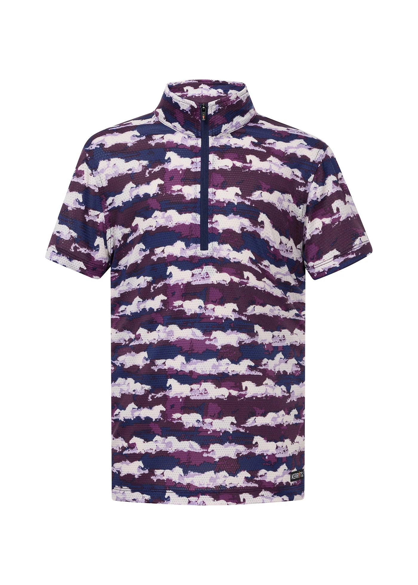 Front view of the purple Kerrits Kids EquiBreeze Ice Fil Short Sleeve Print Shirt on a white background