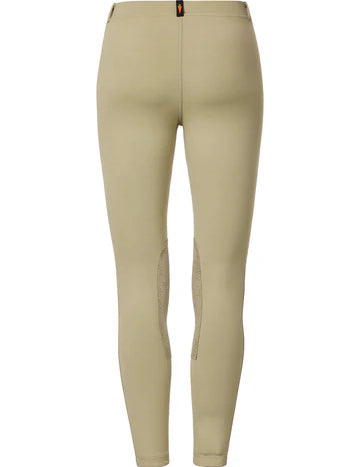 Beige riding tights shown rear view on a white background